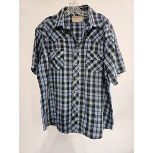 Vintage Wrangler Pearl Snap Shirt Mens Size Medium Blue Plaid Western Cowboy USA